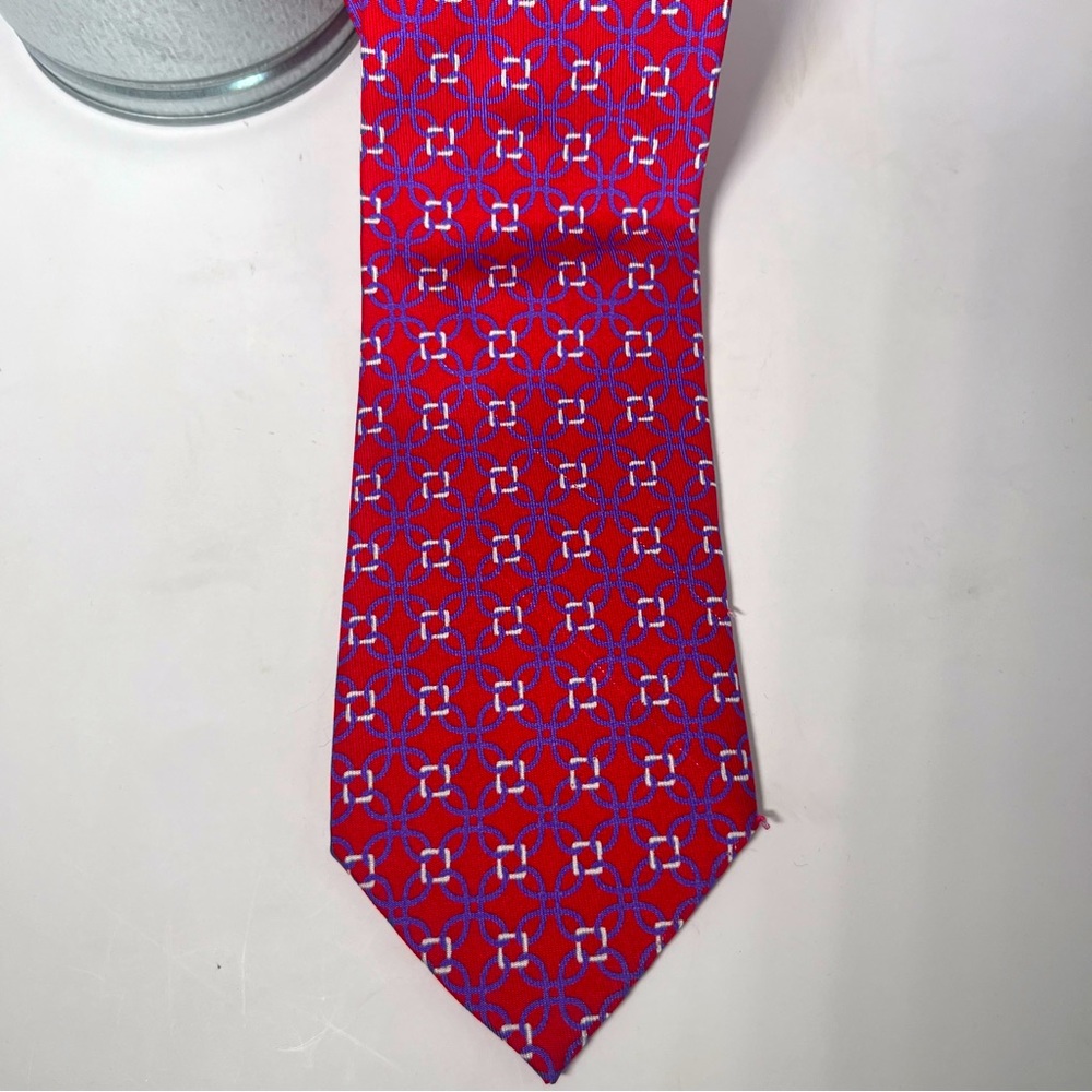 J. McLaughlin Men’s Patterned Tie Red Interlocking‎ Blue Circles & White Squares